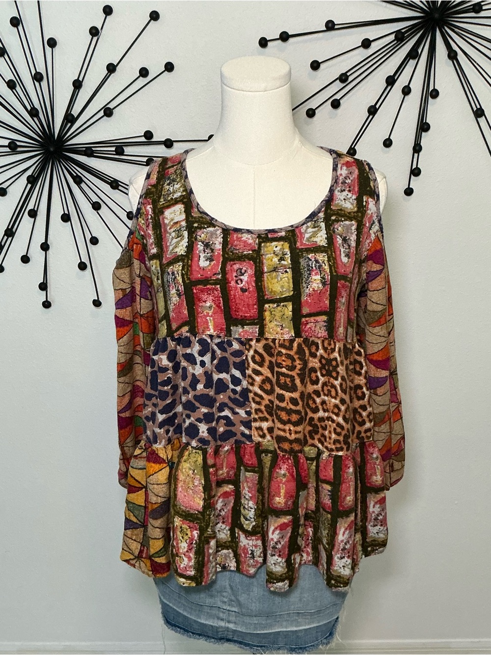 Sacred Threads Boho Patchwork Cold Shoulder Tunic Top Size L/XL